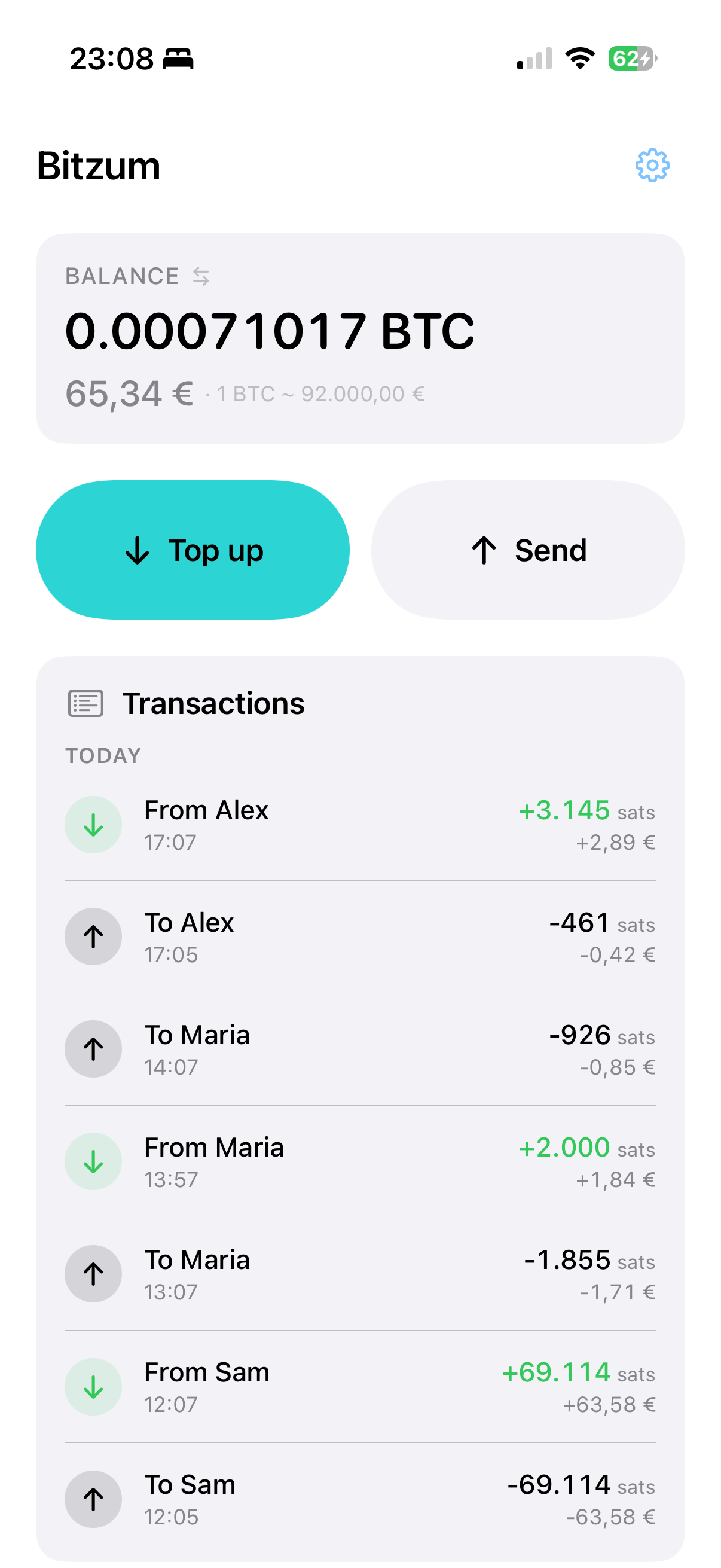 Bitzum wallet home screen showing balance and recent transactions